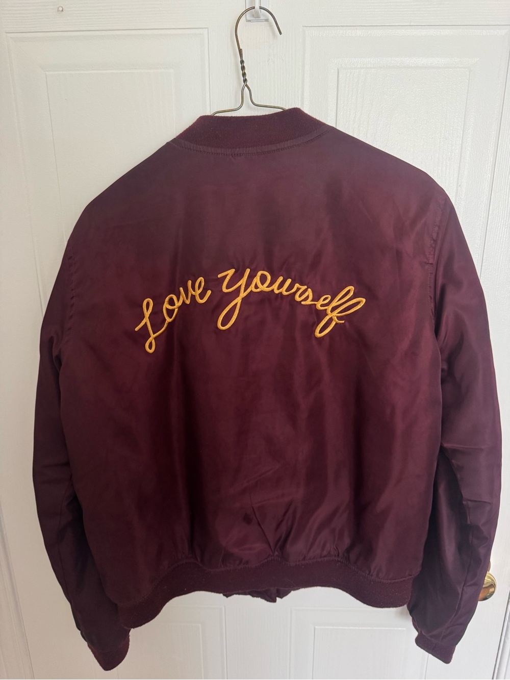 Vintage “Love Yourself” embroidered Burgundy Bomber Jacket with Gold Script